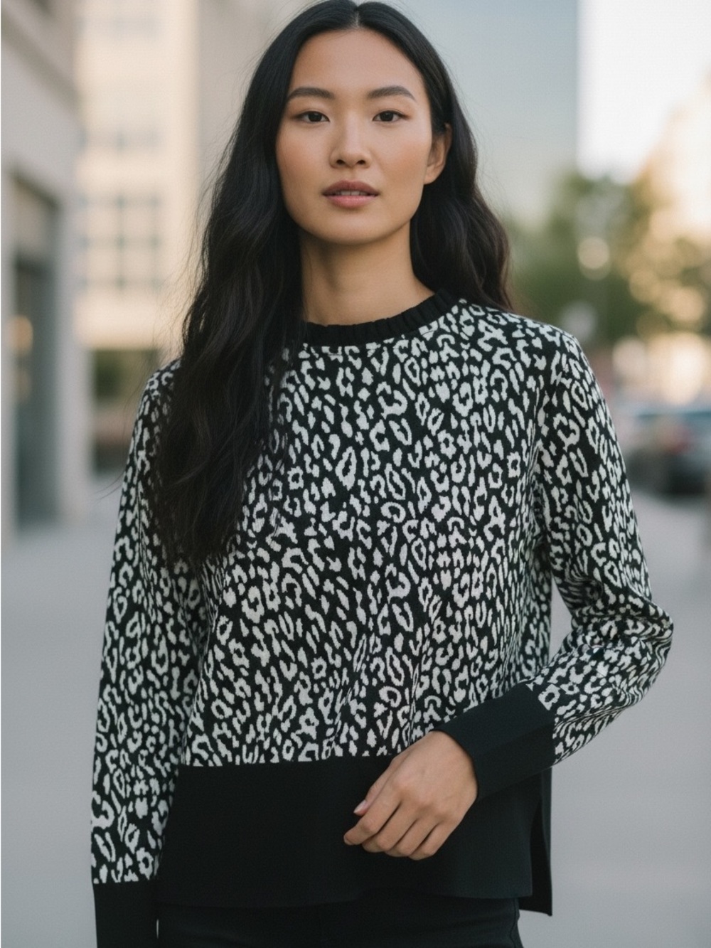 ELLE Women’s Medium Animal Print Layered Blouse Ruffle Black Ivory